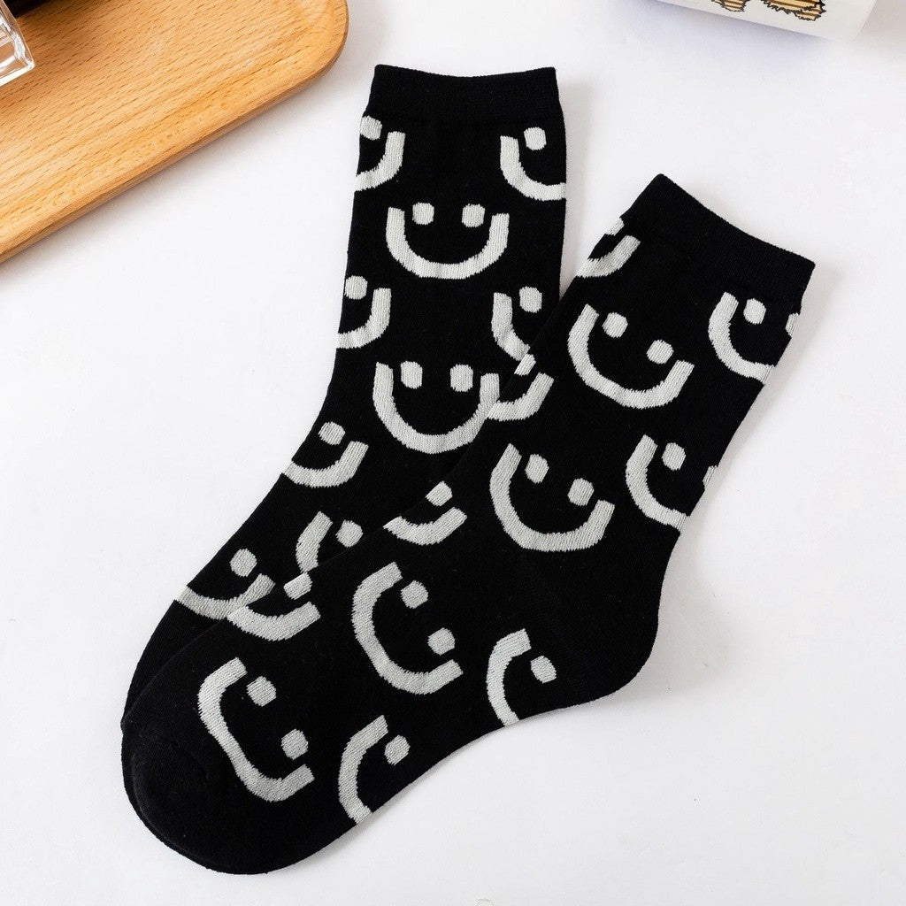 [littlecrab] Kaos Kaki Panjang Hitam Putih Smiley Emoticon Senyum Have A Nice Day Full Cotton Import Sock Stripe Smile Korean Style