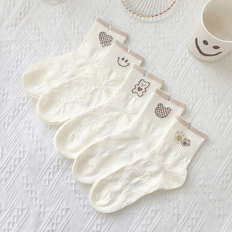 [littlecrab] Kaos Kaki Brown Coklat Motif Beruang Love Smile Bear Chocolate Base Putih Import Sock High Quality Knit Rajut Style Korean Style