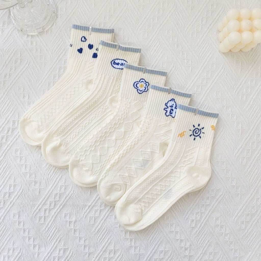 [littlecrab] Kaos Kaki Rajut Biru Base Putih Cream White Knit Blue Love Bear Sun Import Sock High Quality Korean Style