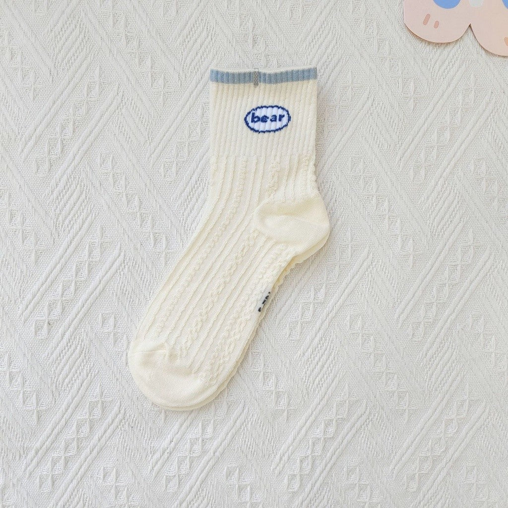 [littlecrab] Kaos Kaki Rajut Biru Base Putih Cream White Knit Blue Love Bear Sun Import Sock High Quality Korean Style