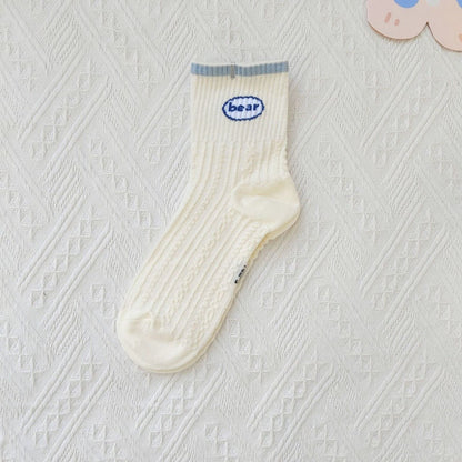 [littlecrab] Kaos Kaki Rajut Biru Base Putih Cream White Knit Blue Love Bear Sun Import Sock High Quality Korean Style