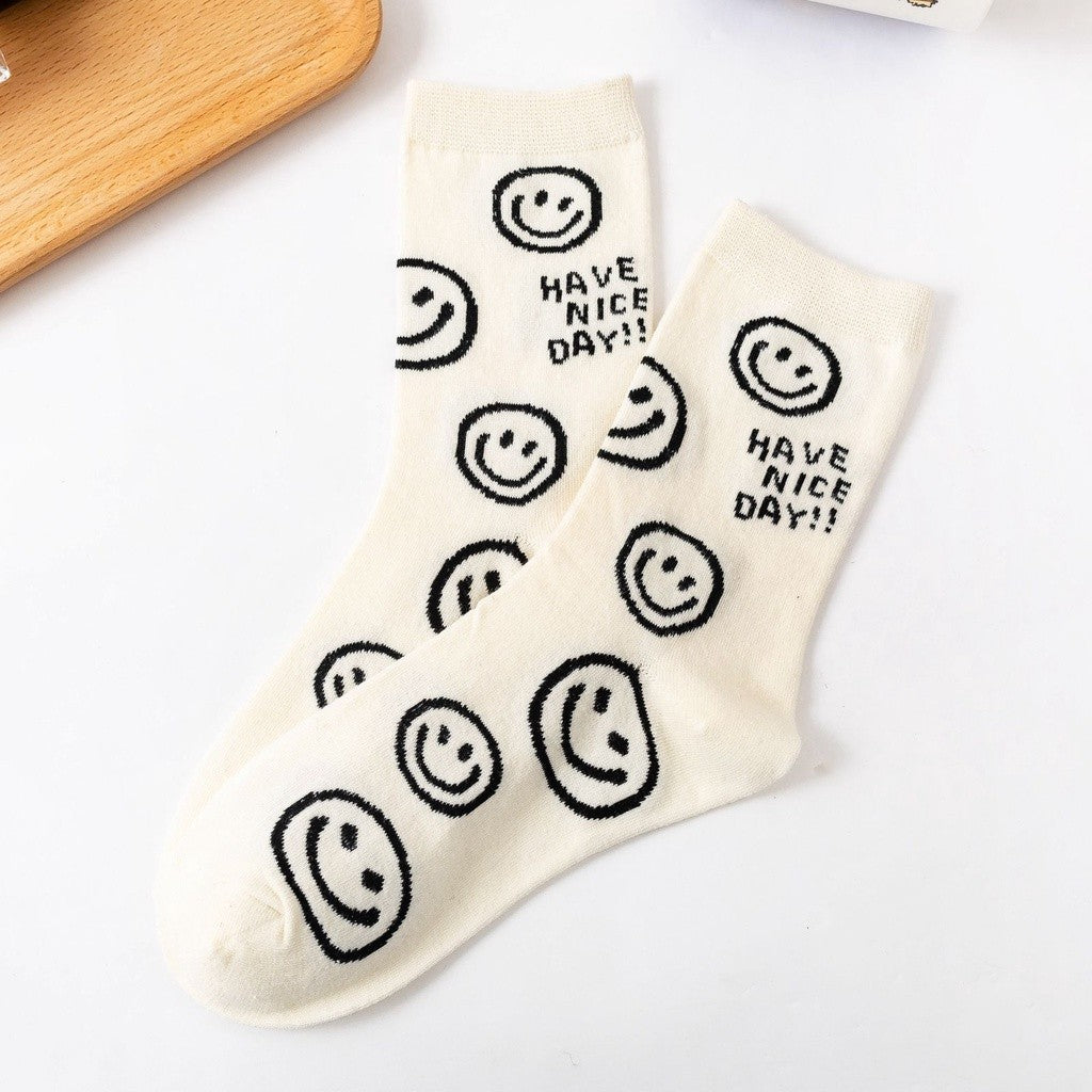 [littlecrab] Kaos Kaki Panjang Hitam Putih Smiley Emoticon Senyum Have A Nice Day Full Cotton Import Sock Stripe Smile Korean Style