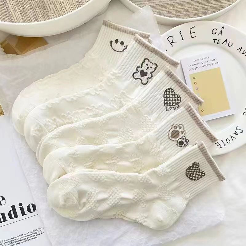[littlecrab] Kaos Kaki Brown Coklat Motif Beruang Love Smile Bear Chocolate Base Putih Import Sock High Quality Knit Rajut Style Korean Style