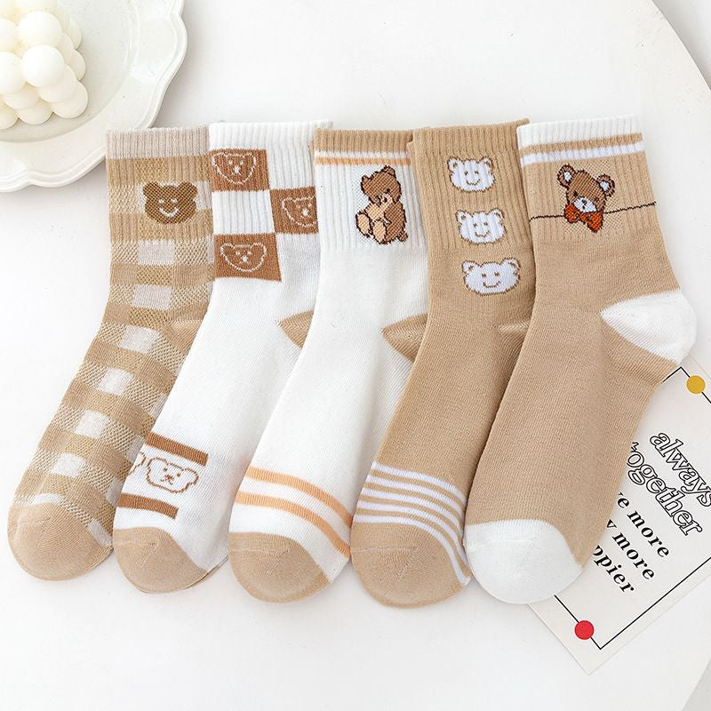 [littlecrab] Kaos Kaki Panjang Teddy Bear Brown Chocolate White Import Sock Beruang Square Coklat Putih High Quality Korean Style