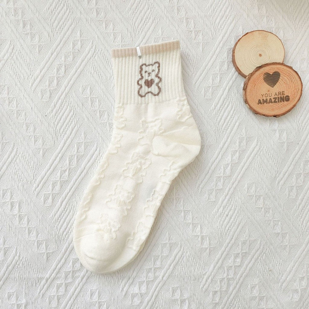 [littlecrab] Kaos Kaki Brown Coklat Motif Beruang Love Smile Bear Chocolate Base Putih Import Sock High Quality Knit Rajut Style Korean Style