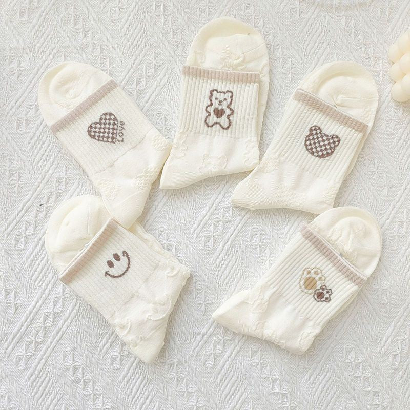 [littlecrab] Kaos Kaki Brown Coklat Motif Beruang Love Smile Bear Chocolate Base Putih Import Sock High Quality Knit Rajut Style Korean Style