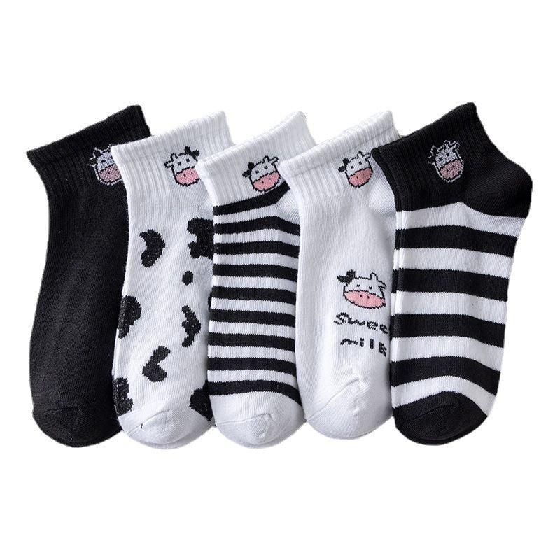 [littlecrab] Kaos Kaki Hitam Putih Motif Sapi Moo Black White Garis Cow Import Sock High Quality Korean Style