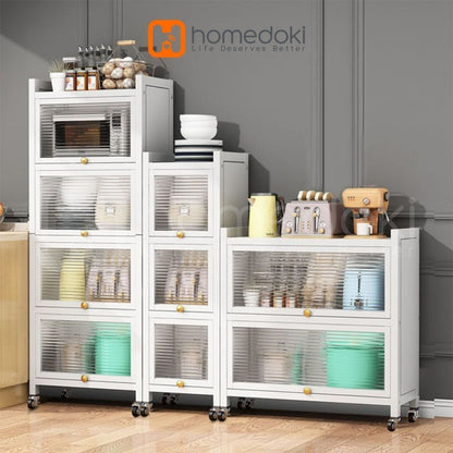 Pekanbaru Homedoki Rak Piring Tertutup / Rak Dapur / Lemari Piring/ Rak Susun Serbaguna  / Rak Penyimpanan Multi-Layer Dengan Roda Pintu