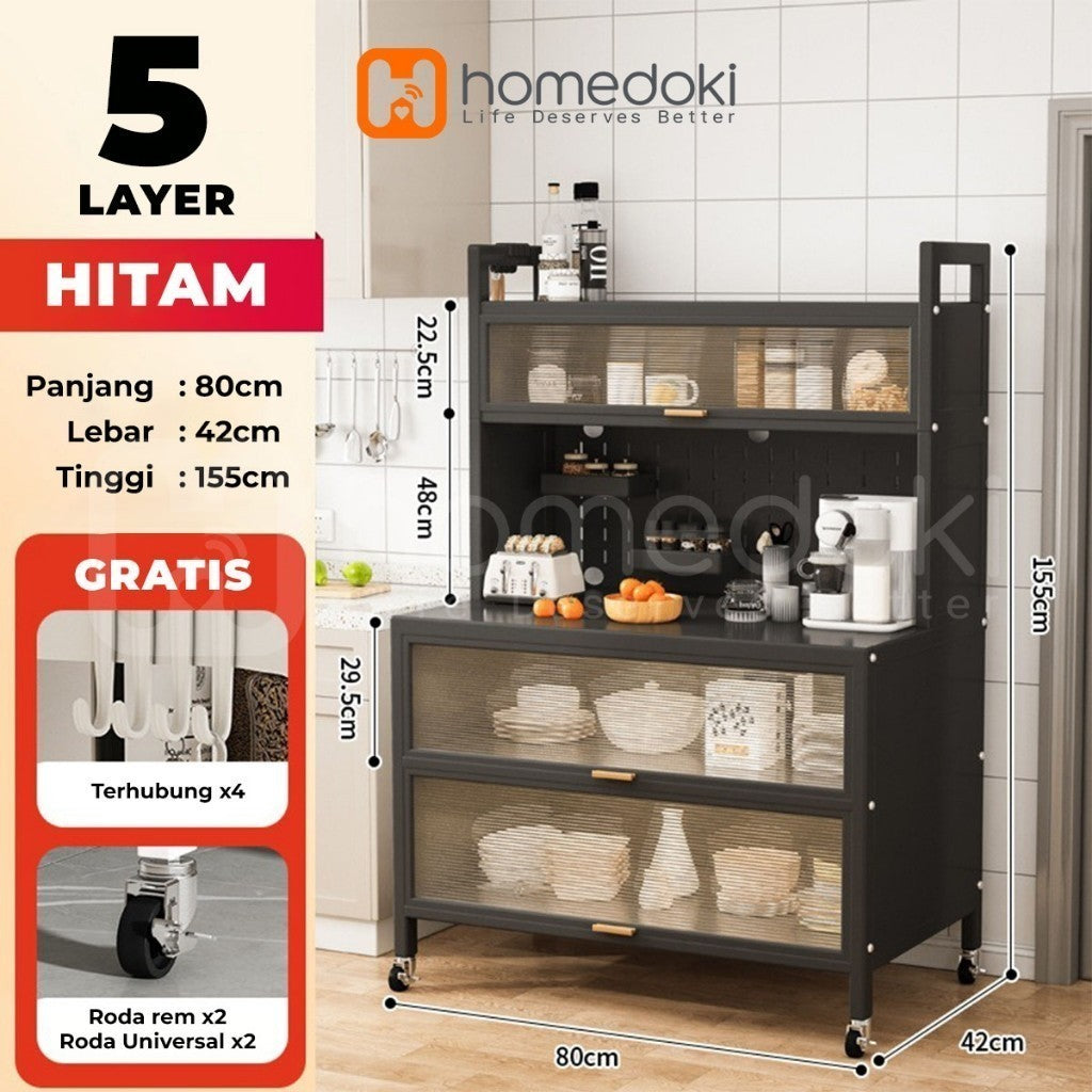 Pekanbaru Homedoki Rak Piring Tertutup / Rak Dapur / Lemari Piring/ Rak Susun Serbaguna  / Rak Penyimpanan Multi-Layer Dengan Roda Pintu