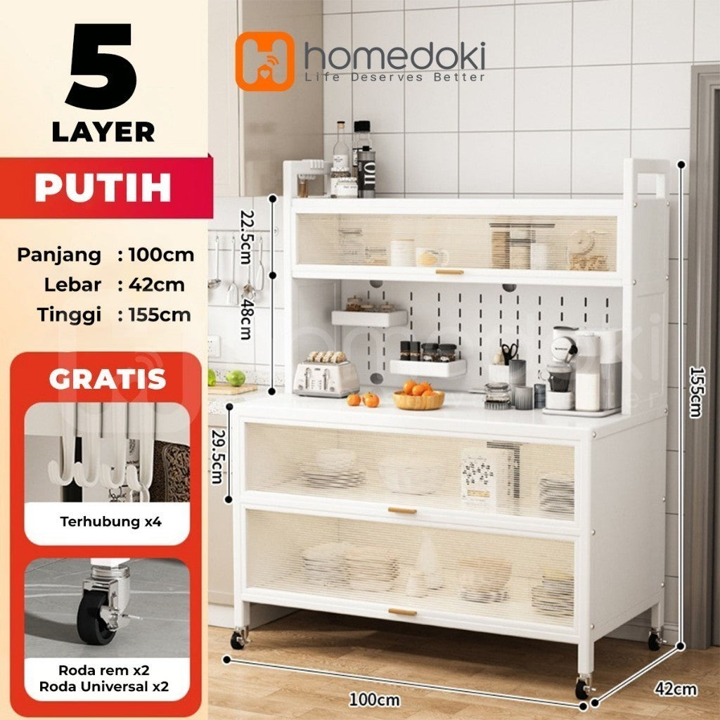 Pekanbaru Homedoki Rak Piring Tertutup / Rak Dapur / Lemari Piring/ Rak Susun Serbaguna  / Rak Penyimpanan Multi-Layer Dengan Roda Pintu