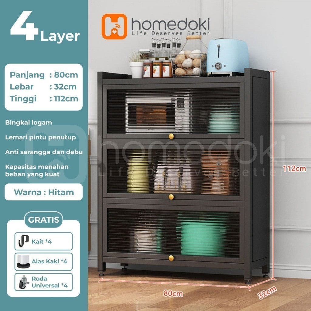 Pekanbaru Homedoki Rak Piring Tertutup / Rak Dapur / Lemari Piring/ Rak Susun Serbaguna  / Rak Penyimpanan Multi-Layer Dengan Roda Pintu