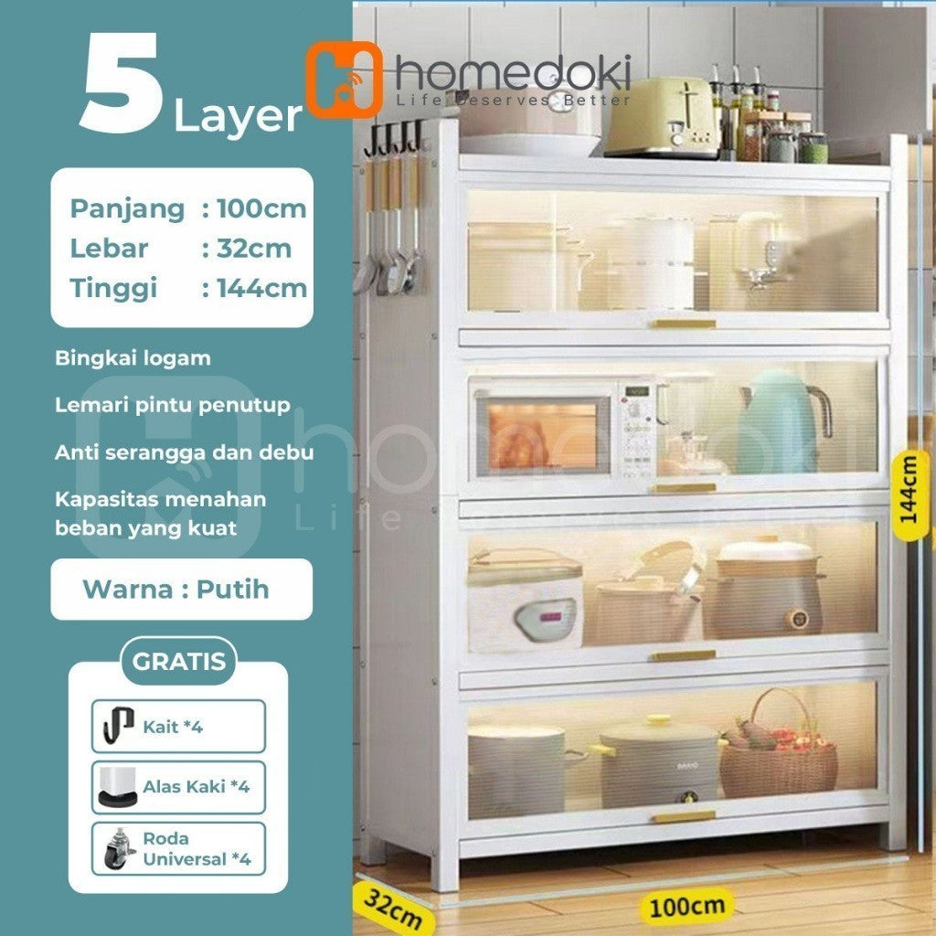 Pekanbaru Homedoki Rak Piring Tertutup / Rak Dapur / Lemari Piring/ Rak Susun Serbaguna  / Rak Penyimpanan Multi-Layer Dengan Roda Pintu