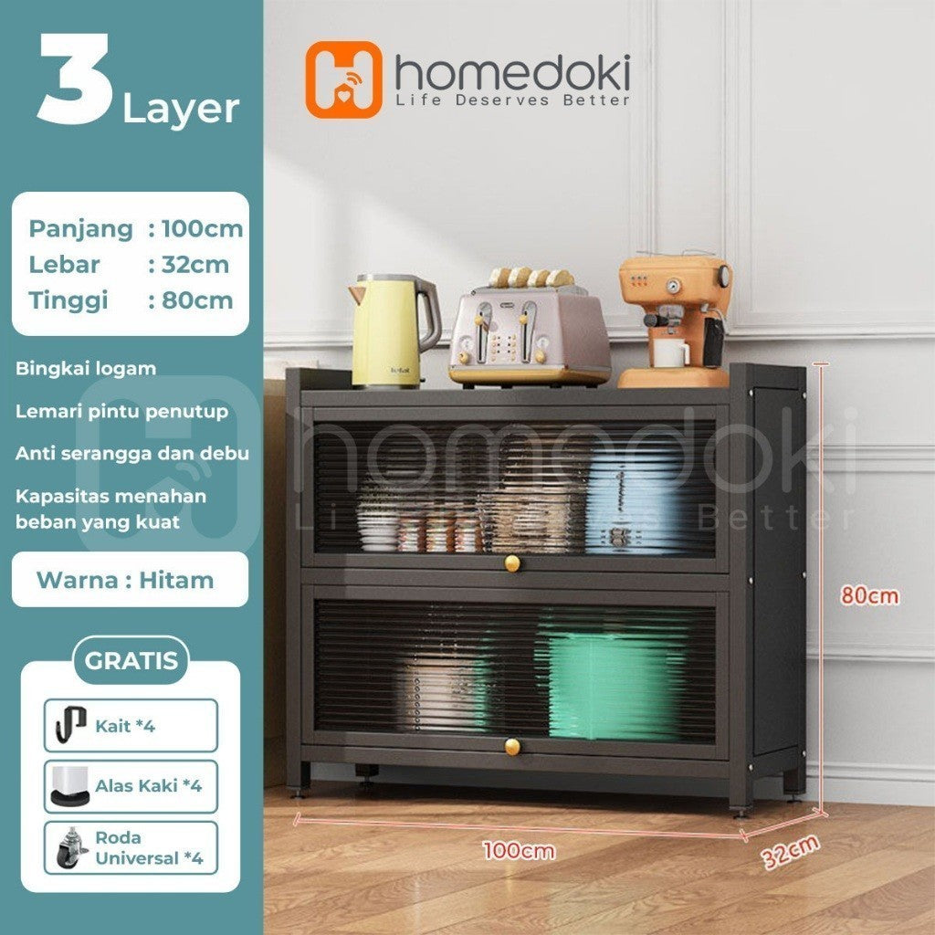 Pekanbaru Homedoki Rak Piring Tertutup / Rak Dapur / Lemari Piring/ Rak Susun Serbaguna  / Rak Penyimpanan Multi-Layer Dengan Roda Pintu