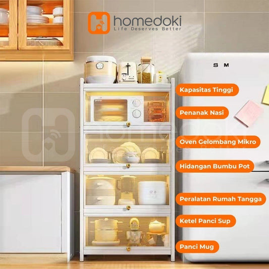 Pekanbaru Homedoki Rak Piring Tertutup / Rak Dapur / Lemari Piring/ Rak Susun Serbaguna  / Rak Penyimpanan Multi-Layer Dengan Roda Pintu
