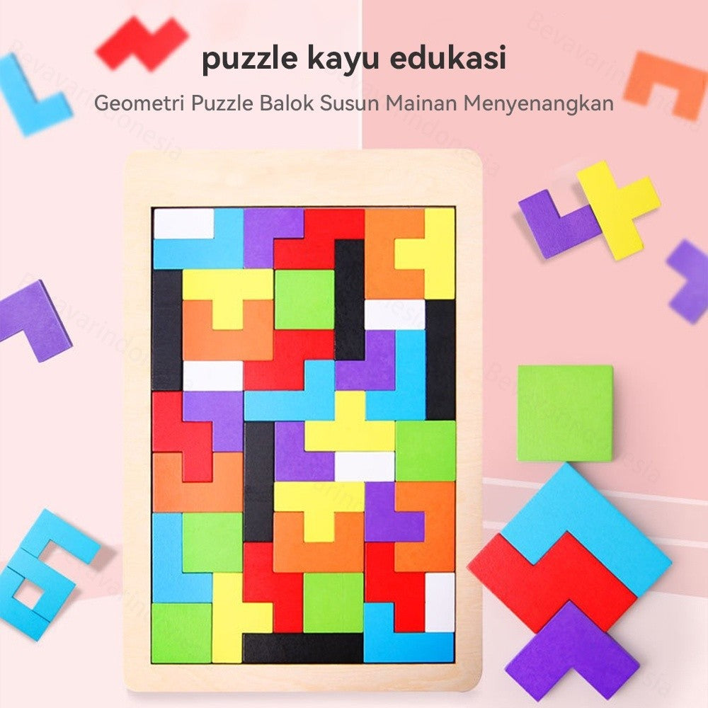 Puzzle Wooden Intellegence Mainan Anak Tetris Block Mainan Edukasi Kayu Balok Susun Rainbow 26x17cm