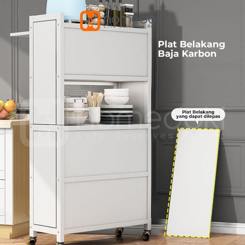 Pekanbaru Homedoki Rak Piring Tertutup / Rak Dapur / Lemari Piring/ Rak Susun Serbaguna  / Rak Penyimpanan Multi-Layer Dengan Roda Pintu