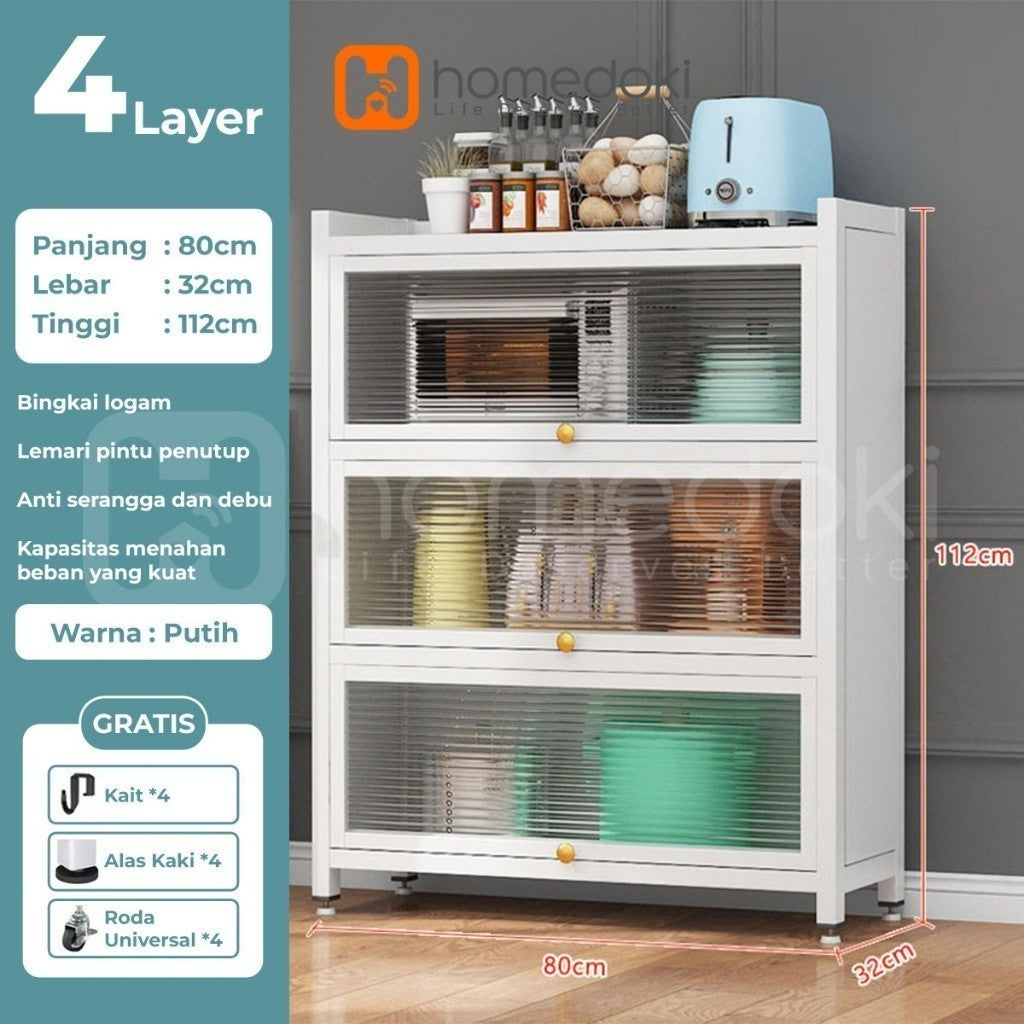 Pekanbaru Homedoki Rak Piring Tertutup / Rak Dapur / Lemari Piring/ Rak Susun Serbaguna  / Rak Penyimpanan Multi-Layer Dengan Roda Pintu