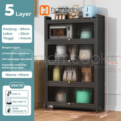 Pekanbaru Homedoki Rak Piring Tertutup / Rak Dapur / Lemari Piring/ Rak Susun Serbaguna  / Rak Penyimpanan Multi-Layer Dengan Roda Pintu