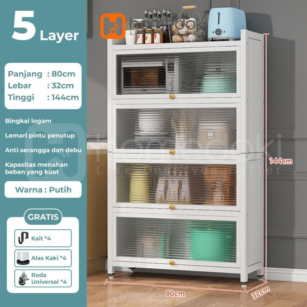 Pekanbaru Homedoki Rak Piring Tertutup / Rak Dapur / Lemari Piring/ Rak Susun Serbaguna  / Rak Penyimpanan Multi-Layer Dengan Roda Pintu