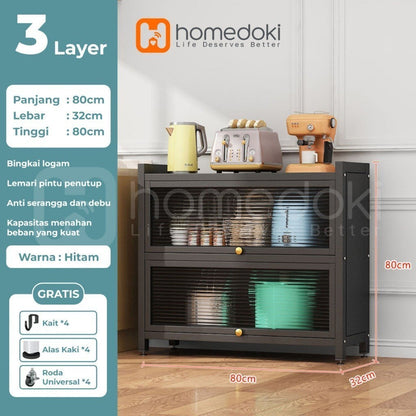 Pekanbaru Homedoki Rak Piring Tertutup / Rak Dapur / Lemari Piring/ Rak Susun Serbaguna  / Rak Penyimpanan Multi-Layer Dengan Roda Pintu