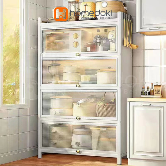 Pekanbaru Homedoki Rak Piring Tertutup / Rak Dapur / Lemari Piring/ Rak Susun Serbaguna  / Rak Penyimpanan Multi-Layer Dengan Roda Pintu