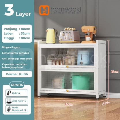 Pekanbaru Homedoki Rak Piring Tertutup / Rak Dapur / Lemari Piring/ Rak Susun Serbaguna  / Rak Penyimpanan Multi-Layer Dengan Roda Pintu
