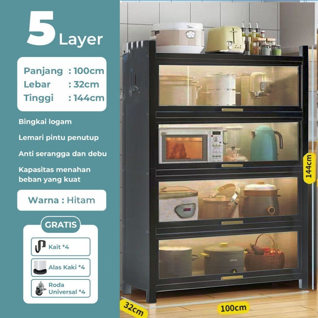 Pekanbaru Homedoki Rak Piring Tertutup / Rak Dapur / Lemari Piring/ Rak Susun Serbaguna  / Rak Penyimpanan Multi-Layer Dengan Roda Pintu