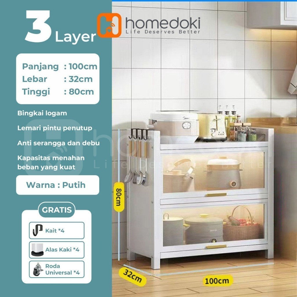 Pekanbaru Homedoki Rak Piring Tertutup / Rak Dapur / Lemari Piring/ Rak Susun Serbaguna  / Rak Penyimpanan Multi-Layer Dengan Roda Pintu