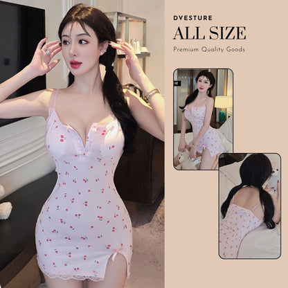 Pekanbaru Baju Tidur Dress Set D-161 Motif Bunga Cherry Plus Busa Dada