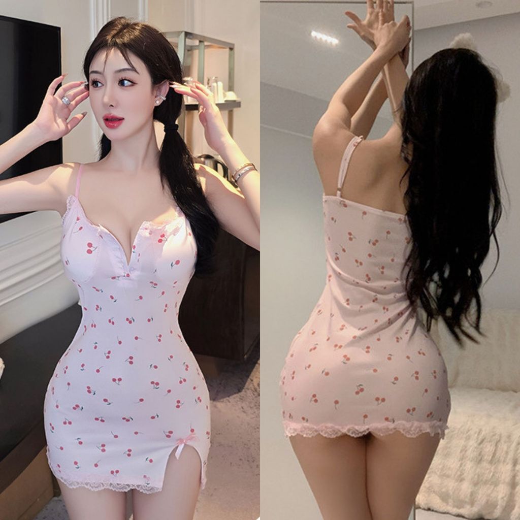 Pekanbaru Baju Tidur Dress Set D-161 Motif Bunga Cherry Plus Busa Dada