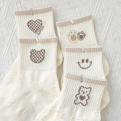 [littlecrab] Kaos Kaki Brown Coklat Motif Beruang Love Smile Bear Chocolate Base Putih Import Sock High Quality Knit Rajut Style Korean Style