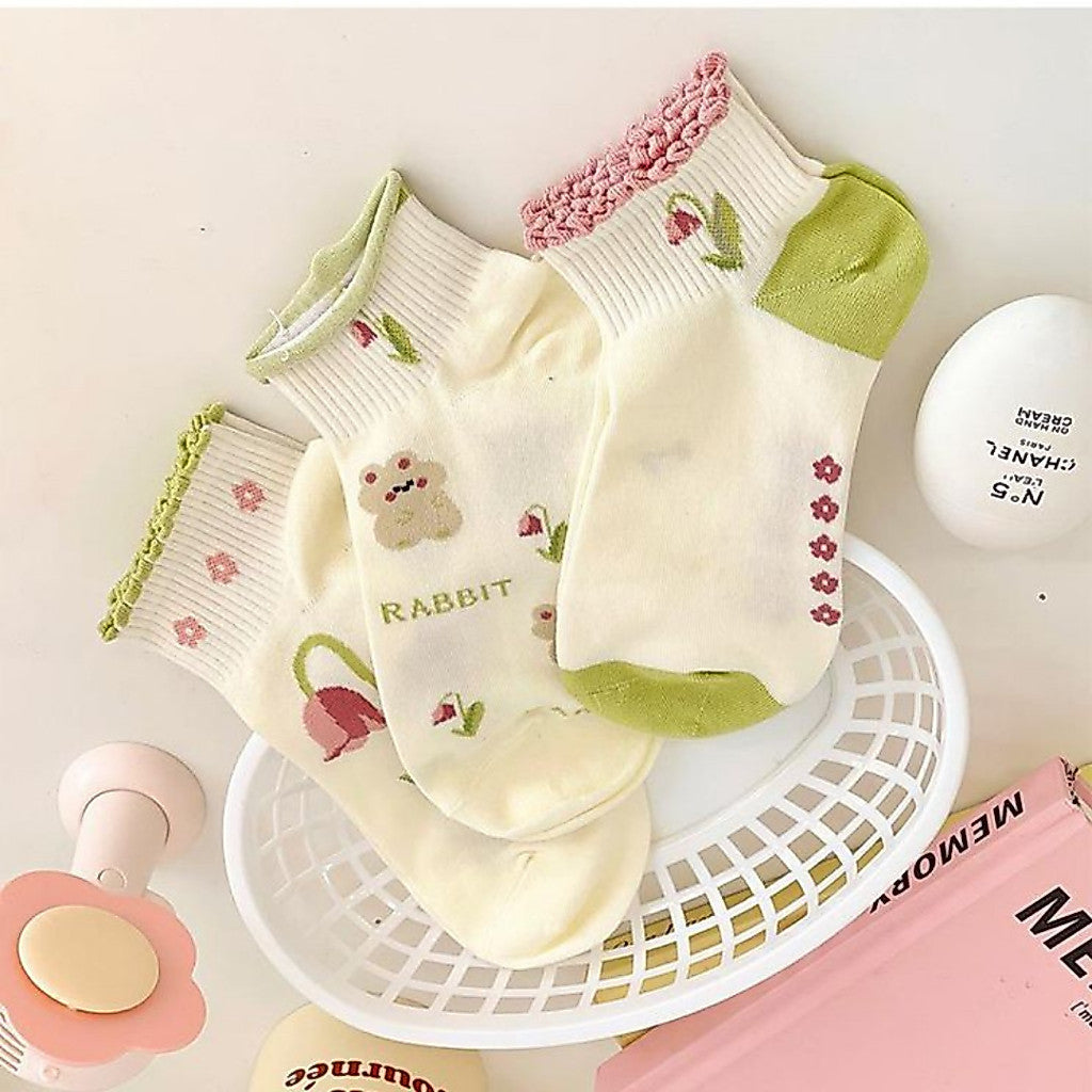 [littlecrab] Kaos Kaki Pendek Motif Flora Bunga Tulip Beruang Rabbit Short Socks Hijau Putih