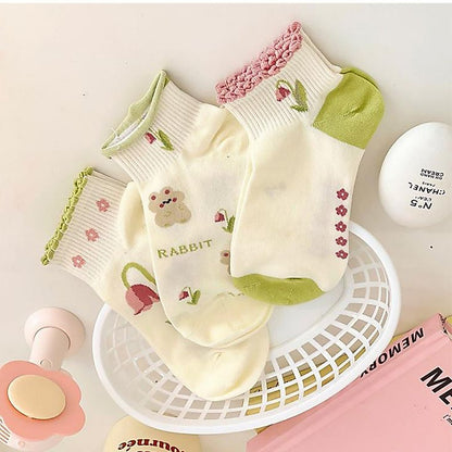 [littlecrab] Kaos Kaki Pendek Motif Flora Bunga Tulip Beruang Rabbit Short Socks Hijau Putih