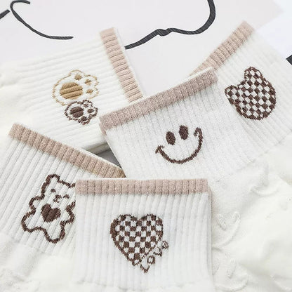 [littlecrab] Kaos Kaki Brown Coklat Motif Beruang Love Smile Bear Chocolate Base Putih Import Sock High Quality Knit Rajut Style Korean Style