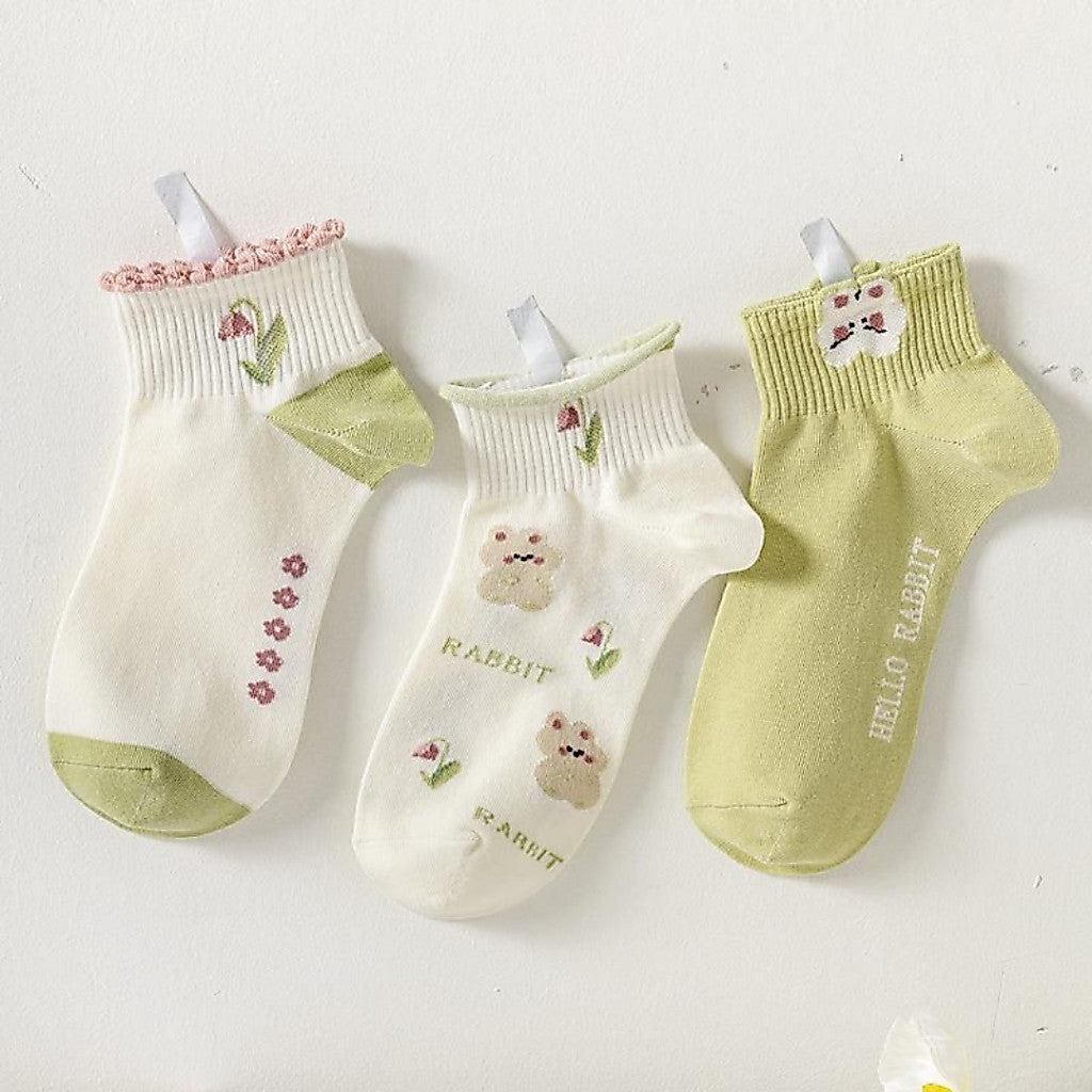 [littlecrab] Kaos Kaki Pendek Motif Flora Bunga Tulip Beruang Rabbit Short Socks Hijau Putih