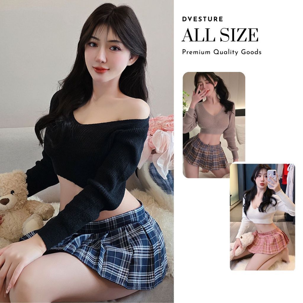 Pekanbaru Lingerie Set Atasan Dan Rok D 169 Kotak-Kotak Sweater Gaya Siswa