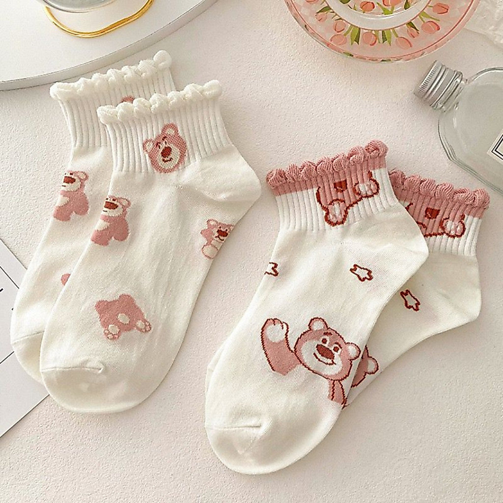 [littlecrab] Kaos Kaki Pendek Lotso Beruang Pink Unik Lucu Cute Short Socks White Full Pattern