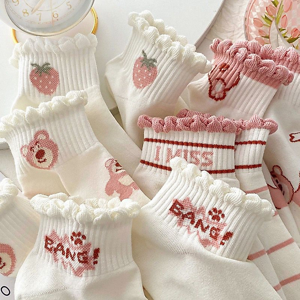 [littlecrab] Kaos Kaki Pendek Lotso Beruang Pink Unik Lucu Cute Short Socks White Full Pattern