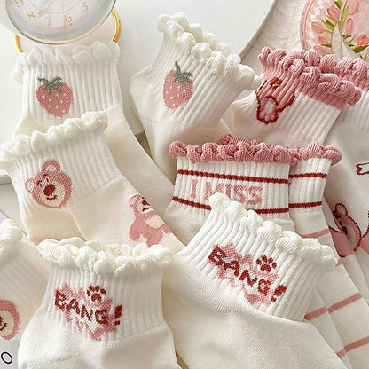 [littlecrab] Kaos Kaki Pendek Lotso Beruang Pink Unik Lucu Cute Short Socks White Full Pattern