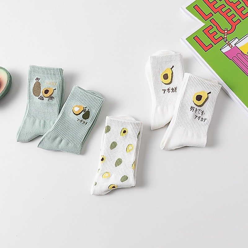 [littlecrab] Kaos Kaki Panjang Motif Avocado Women Socks Import Kaos Kaki Berkualitas Hijau Putih Buah Korean Style