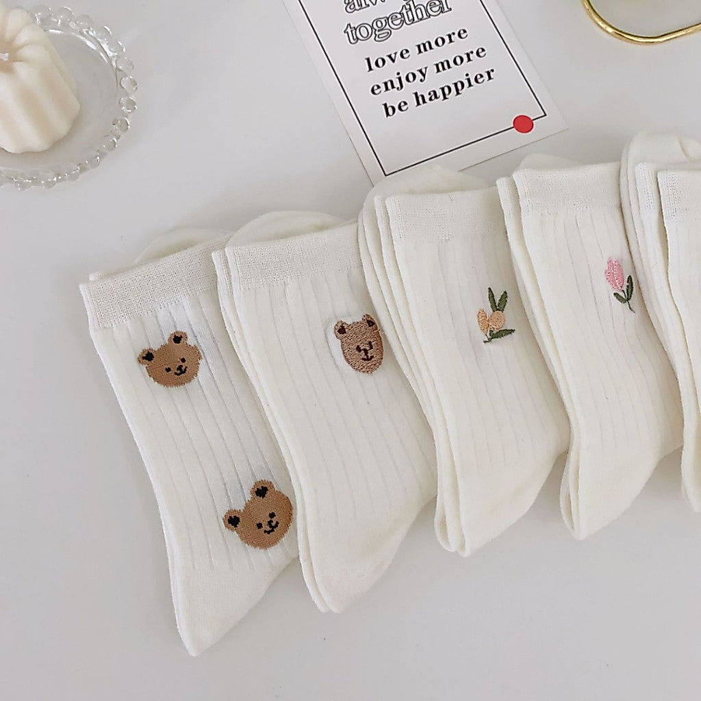 [littlecrab] Kaos Kaki Panjang Motif Cartoon Kawai Beruang Bunga Unik Lucu Long Socks White Korean