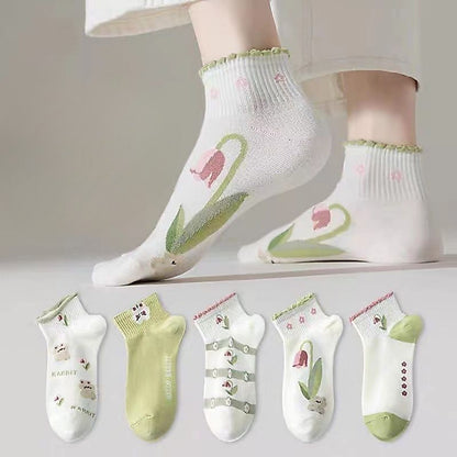 [littlecrab] Kaos Kaki Pendek Motif Flora Bunga Tulip Beruang Rabbit Short Socks Hijau Putih