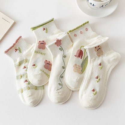 [littlecrab] Kaos Kaki Pendek Motif Flora Bunga Tulip Beruang Rabbit Short Socks Hijau Putih