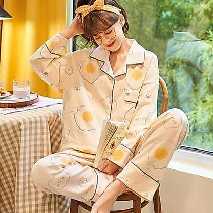 [littlecrab] Baju Tidur Set Kemeja Lengan Panjang Celana Panjang Piyama Setelan Full Pattern Kancing Depan Unik Motif Lucu Korean Style Sleep Wear