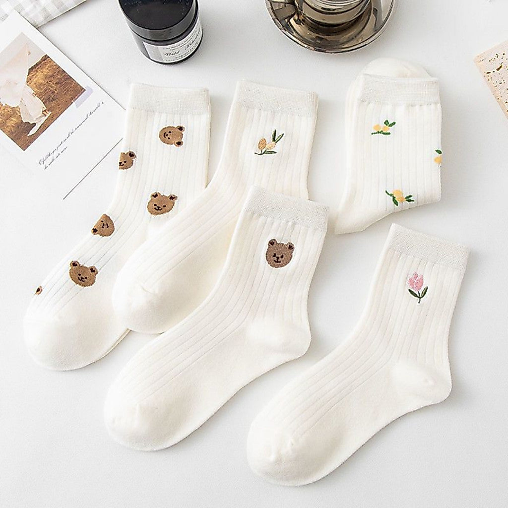 [littlecrab] Kaos Kaki Panjang Motif Cartoon Kawai Beruang Bunga Unik Lucu Long Socks White Korean