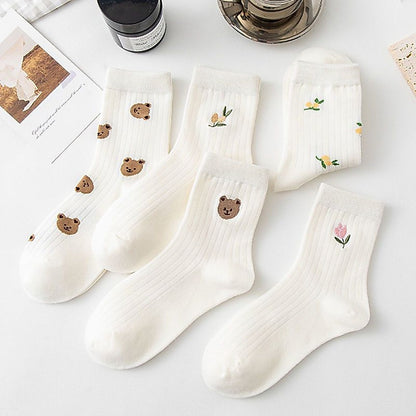 [littlecrab] Kaos Kaki Panjang Motif Cartoon Kawai Beruang Bunga Unik Lucu Long Socks White Korean
