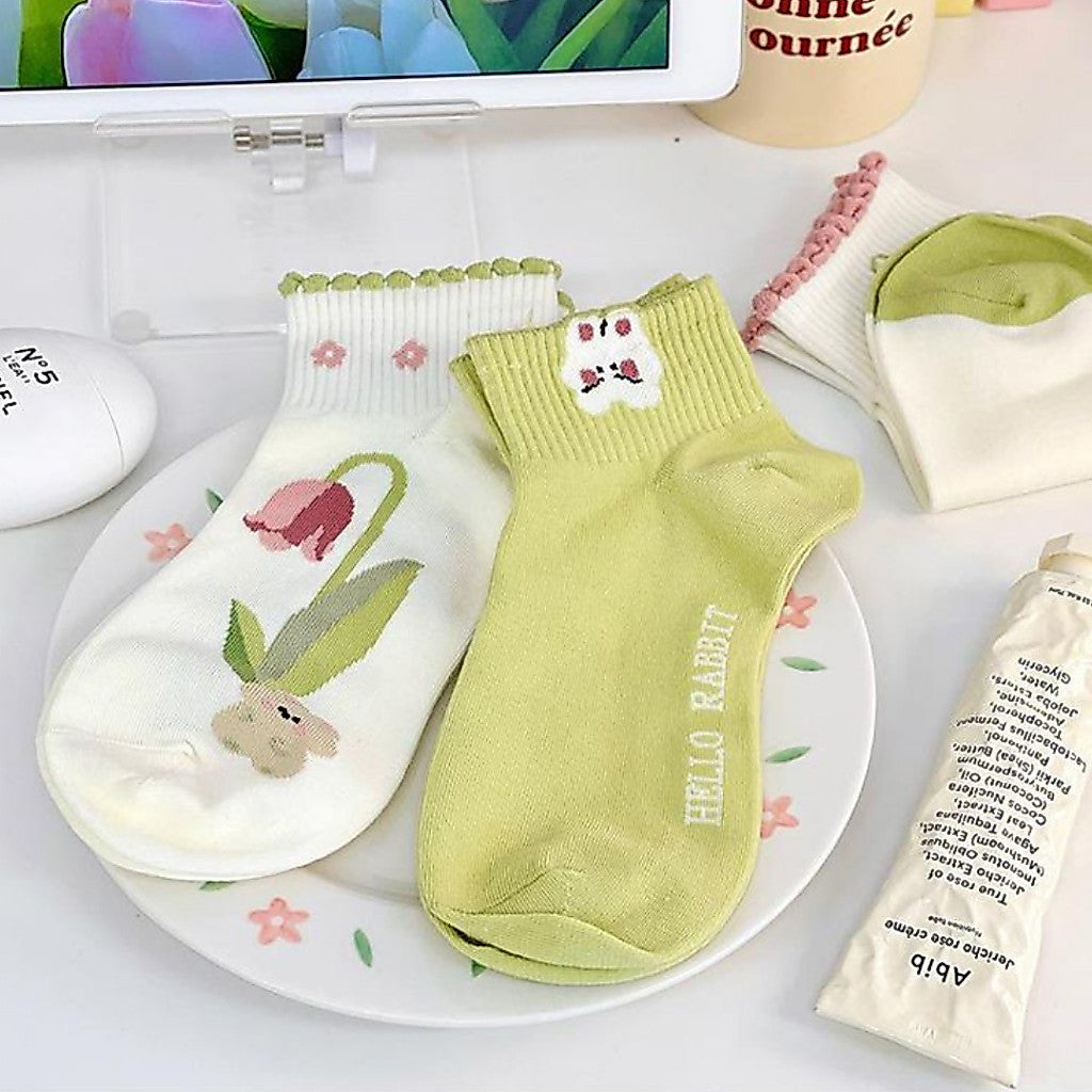 [littlecrab] Kaos Kaki Pendek Motif Flora Bunga Tulip Beruang Rabbit Short Socks Hijau Putih