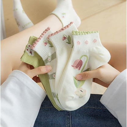 [littlecrab] Kaos Kaki Pendek Motif Flora Bunga Tulip Beruang Rabbit Short Socks Hijau Putih