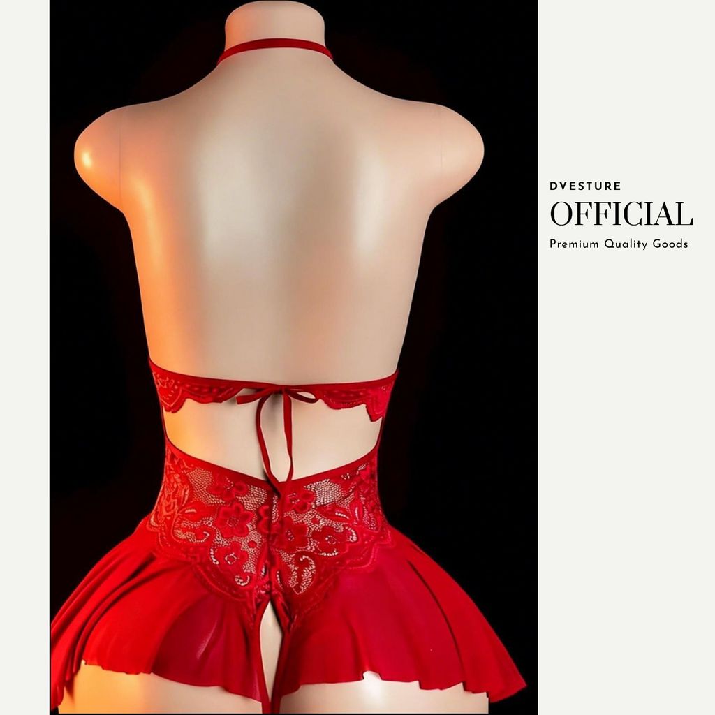 Pekanbaru Lingerie Dress Set D-179 Halter Neck Transparan Renda Nyaman Dipakai