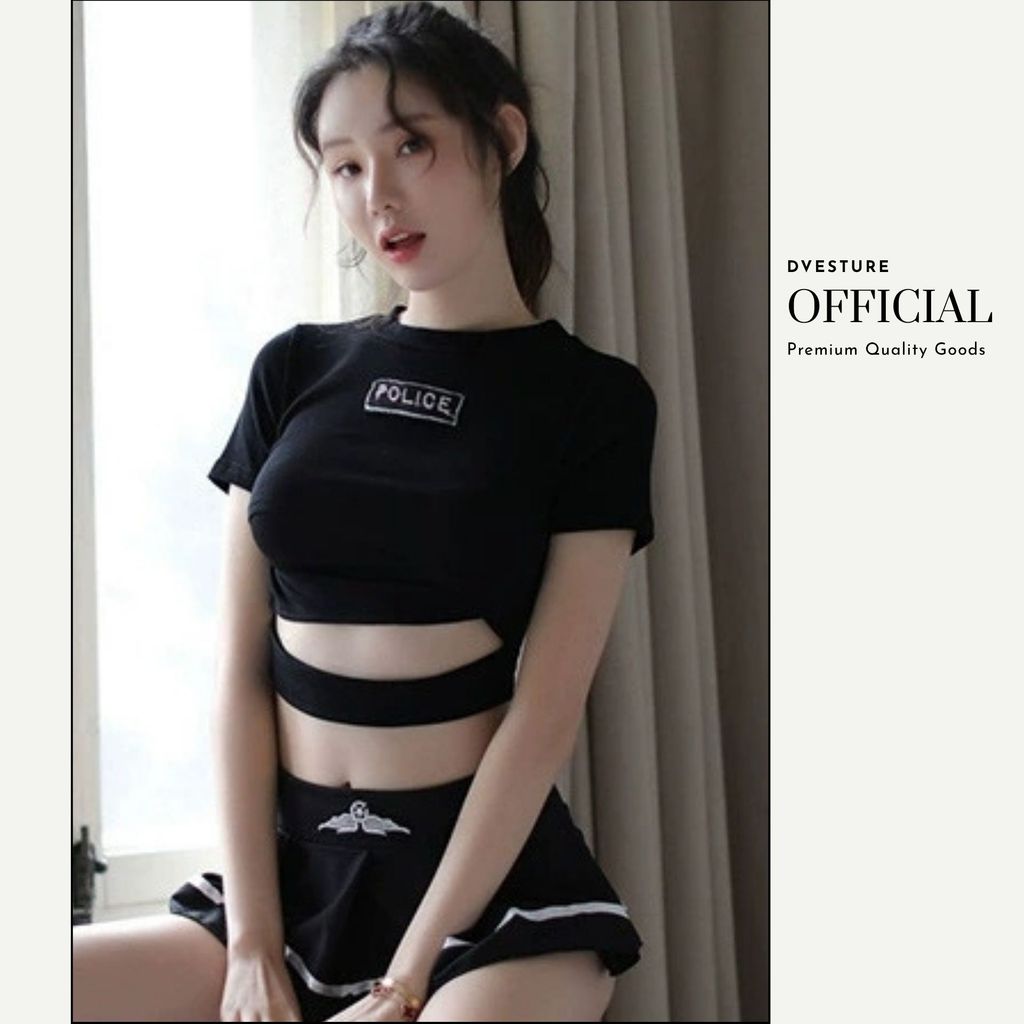 Pekanbaru Lingerie Set D-131 Cosplay Atasan Dan Rok Plus Stocking Seragam Polisi Cantik